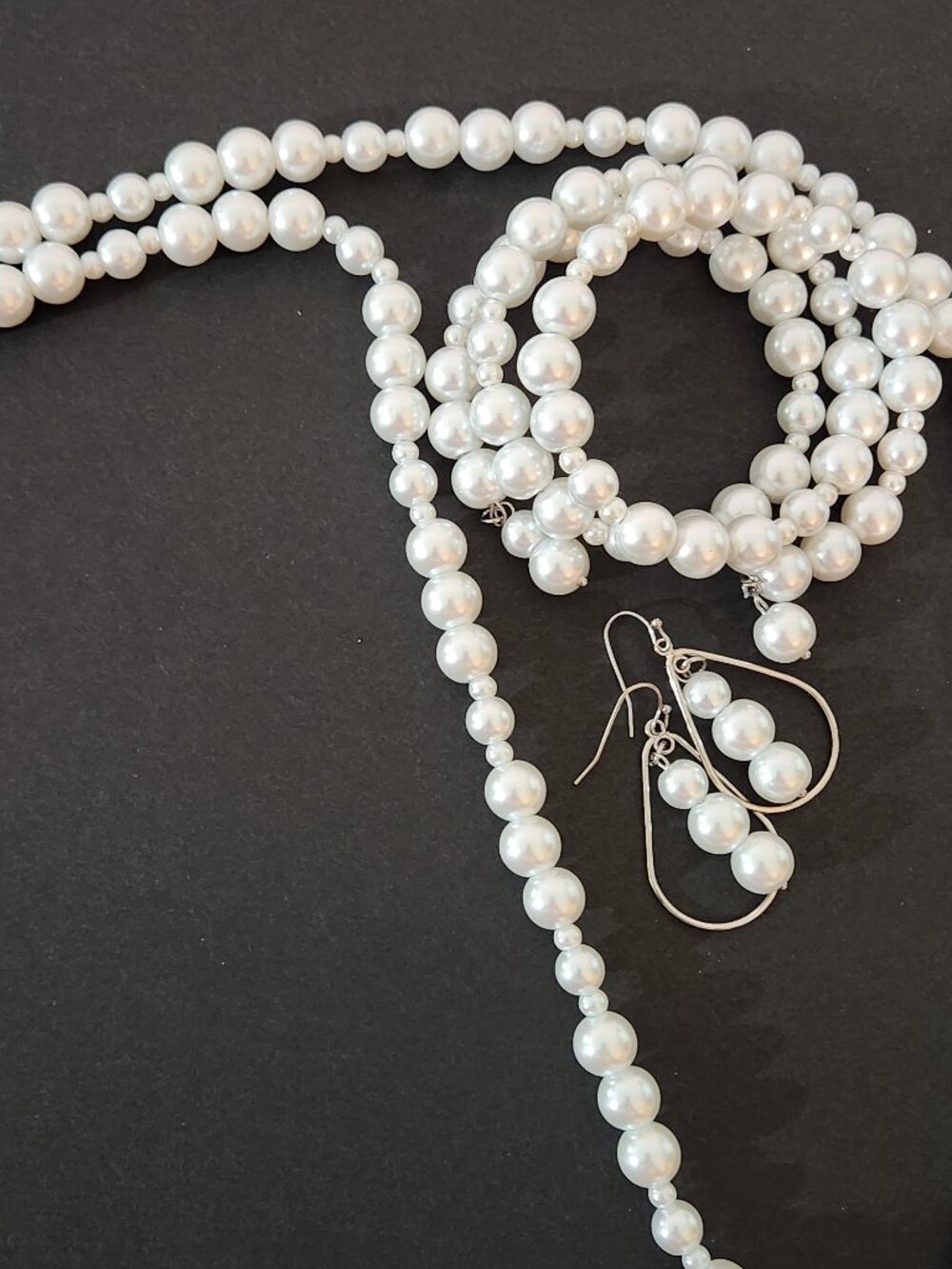 Hand Crafted White Pearl 3 Piece Jewelry Set Necklace Wrap Bracelet Drop Earring
